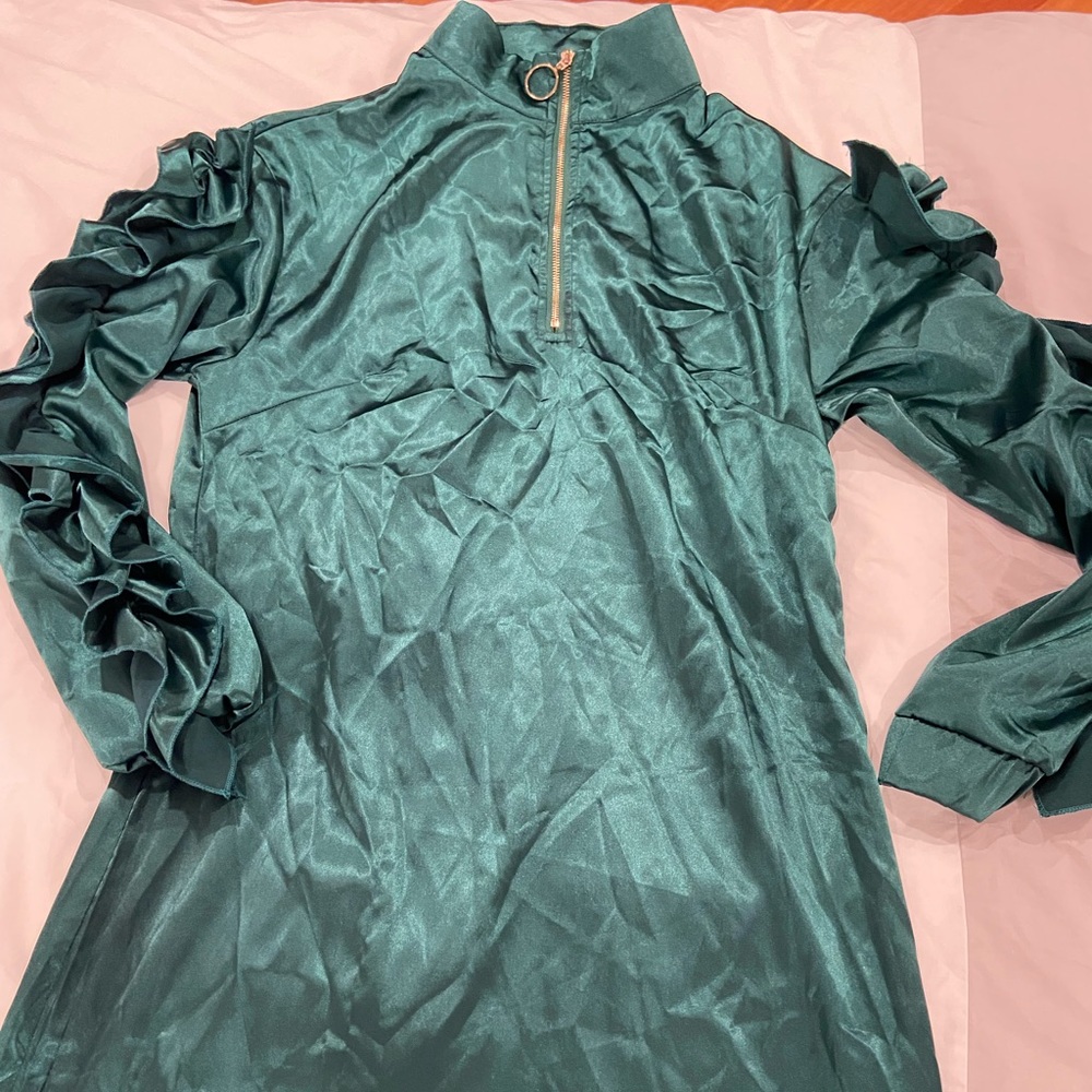 SHEIN ruched green silk shirt dress